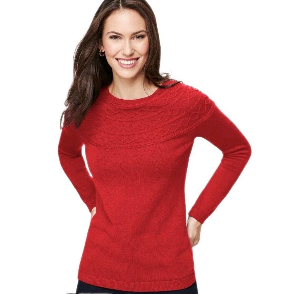 Talbots Diamond Cable Knit Sweater Red Cashmere Blend Crewneck Long Sleeve S EUC